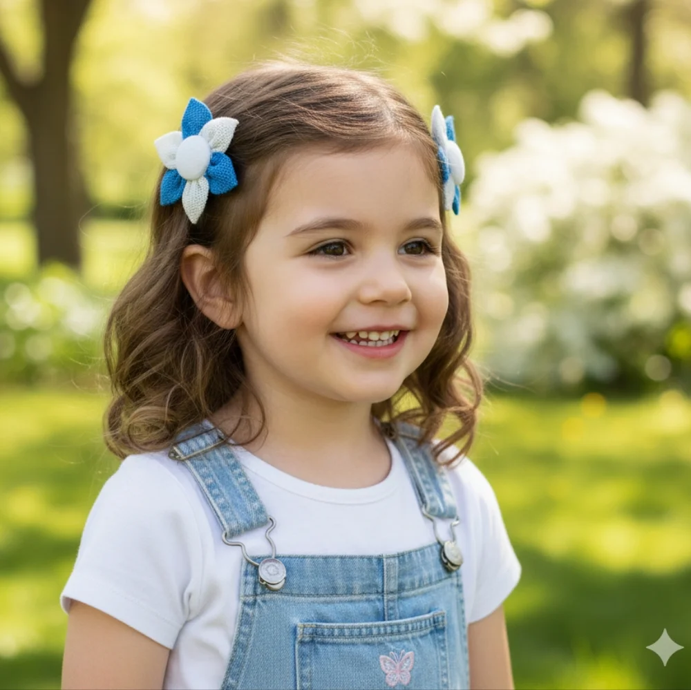 Girls Handmade 2pc Set Of Blue/White Floral Hair Clip- Brand New